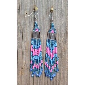 Handmade Beaded Earrings Drop / Dangle Geo Design Approx 4.5 in. Pink/Blue